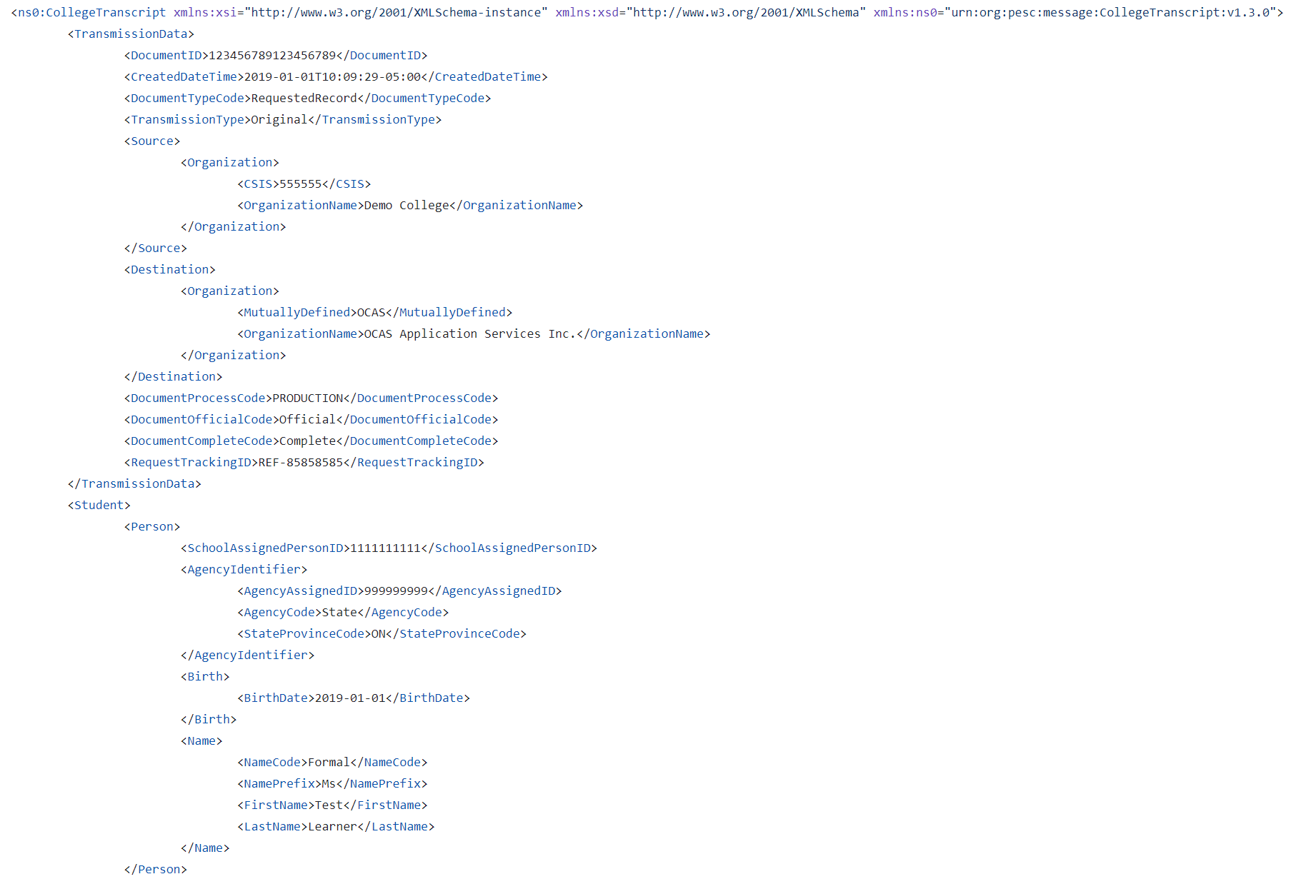 PESC XML College Transcript Sample